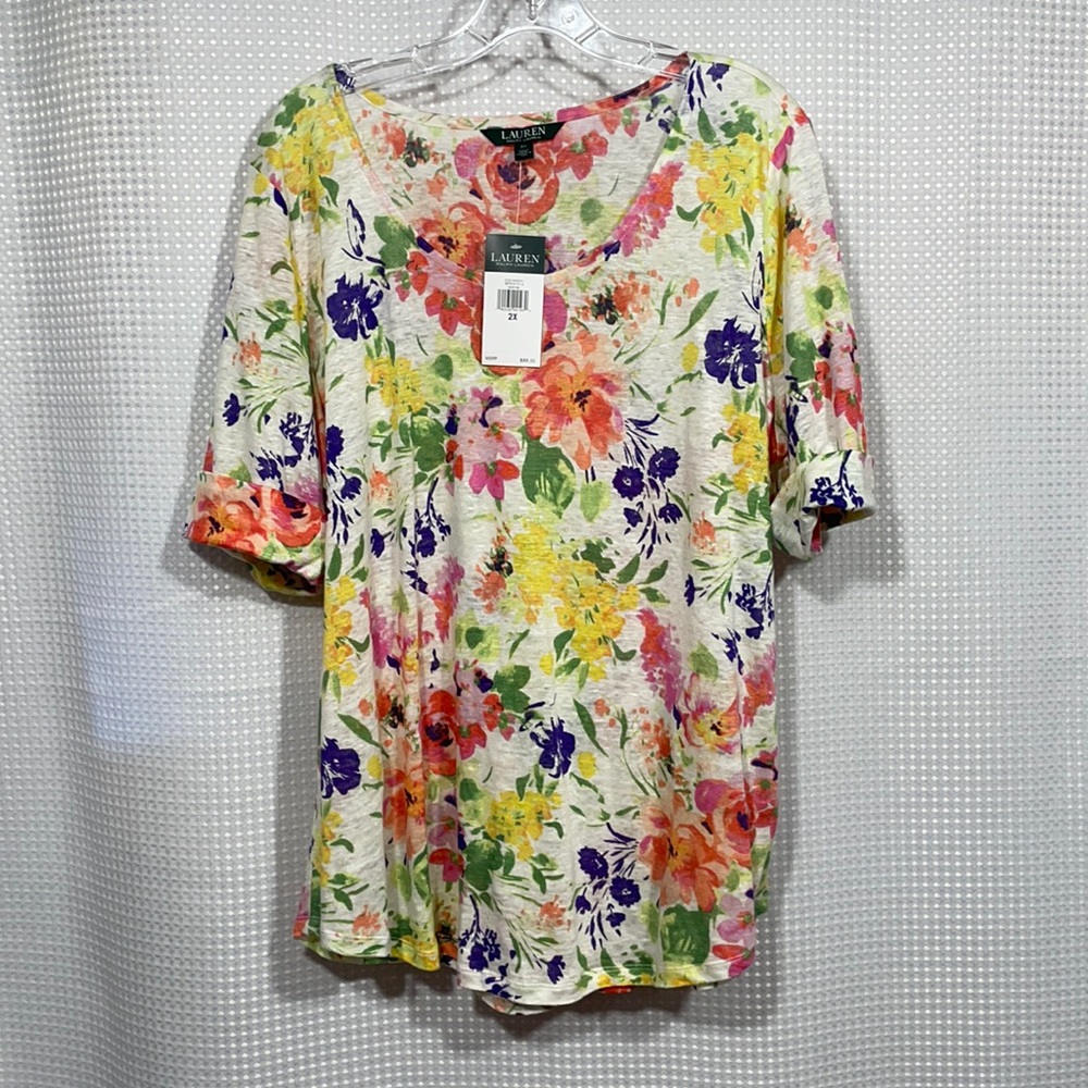 LRL Scoop Neck, Linen Blend, Summer Floral T-shirt